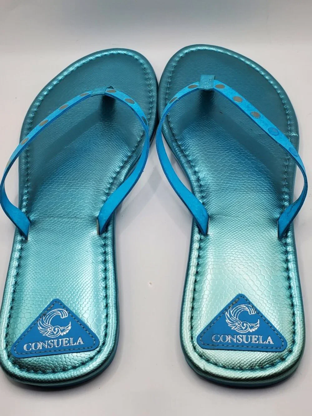 Consuela Large (8-9) Metallic Blue Studded Flip Flop Sandals